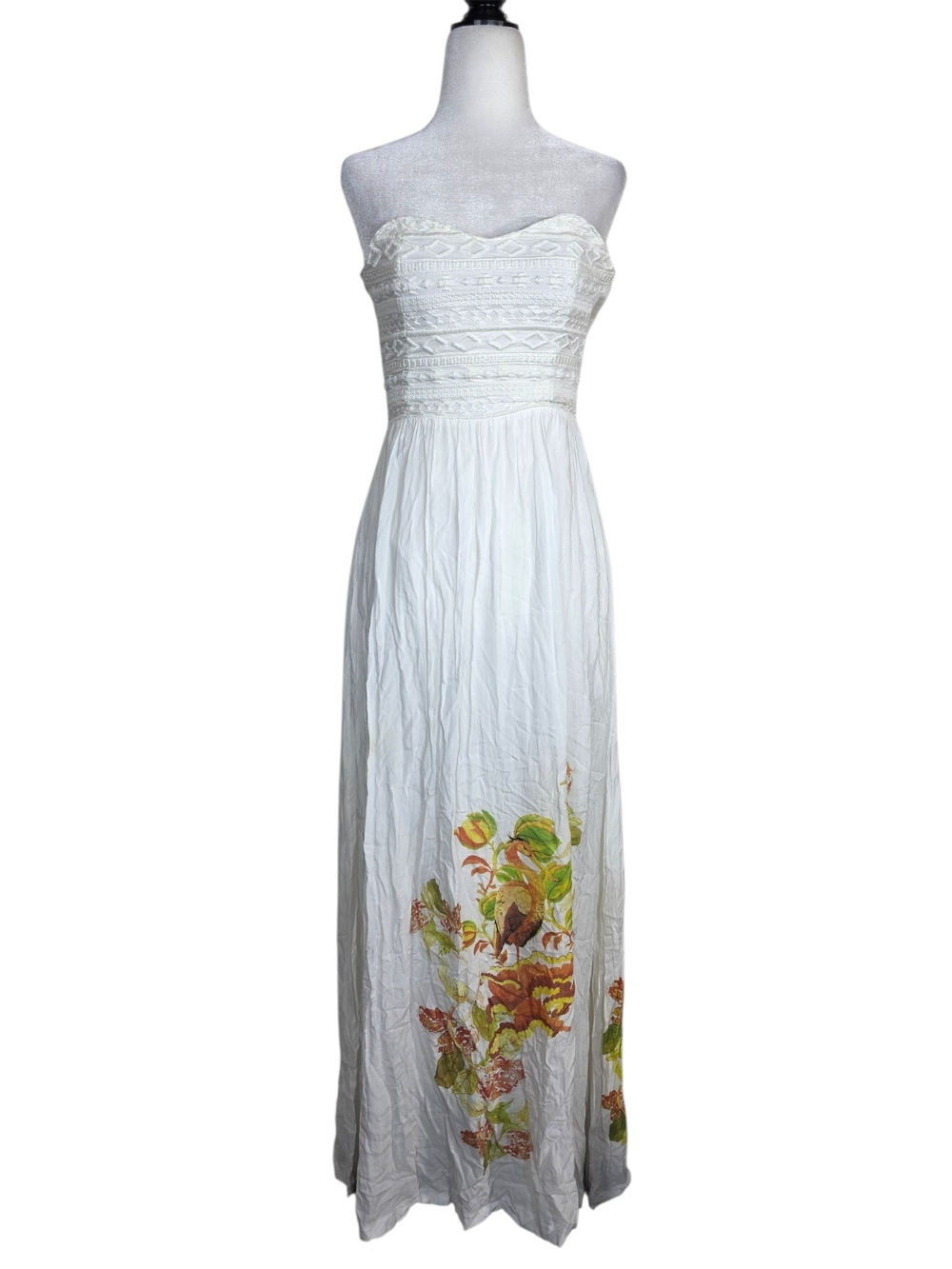 One Teaspoon White Strapless Maxi Bohemian textured upper Maxi Dress Floral Hem